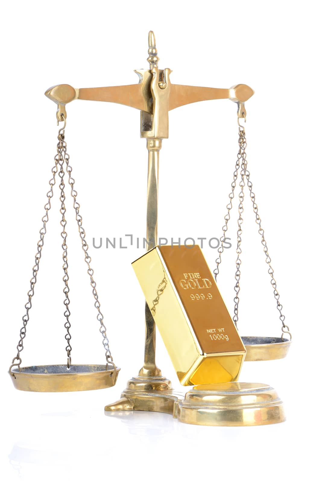 Large gold ingot on weight scales with a white background