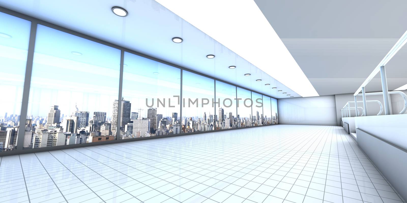 A empty office with the Skyline of Sao Paulo, Brazil, in the Background. Architectural visualisation. 3D rendered Illustration.
