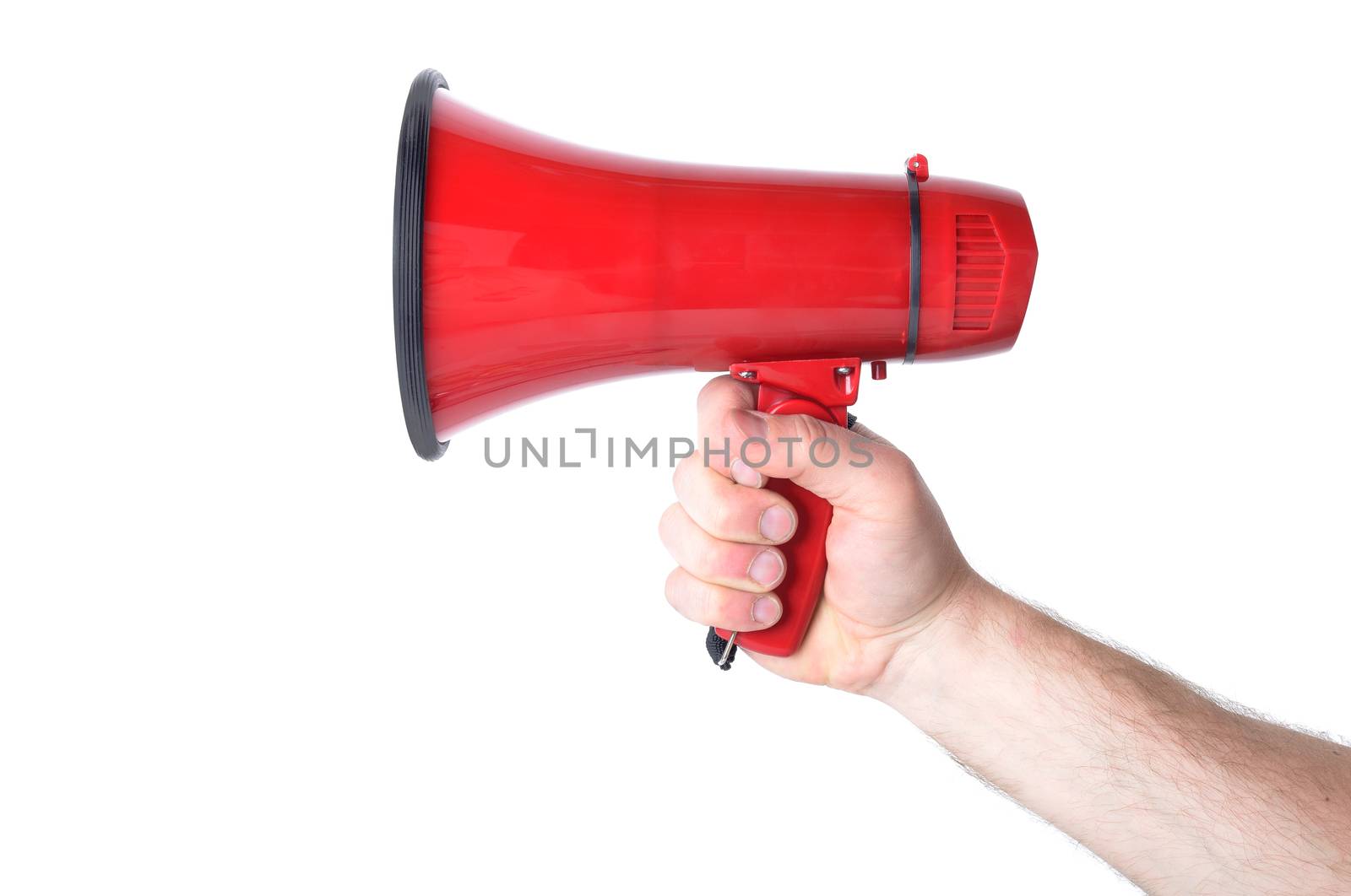 Hand holding a red Megaphone isolated on white