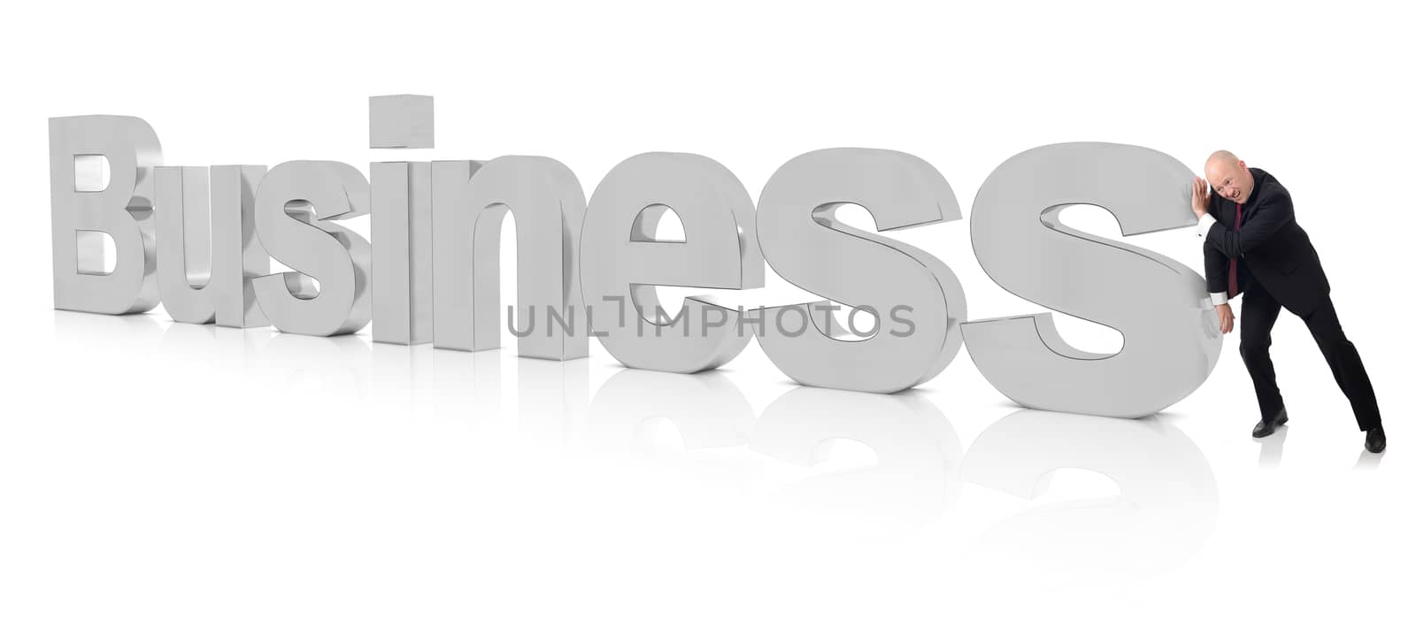 businessman pushing along business text isolated on a white background