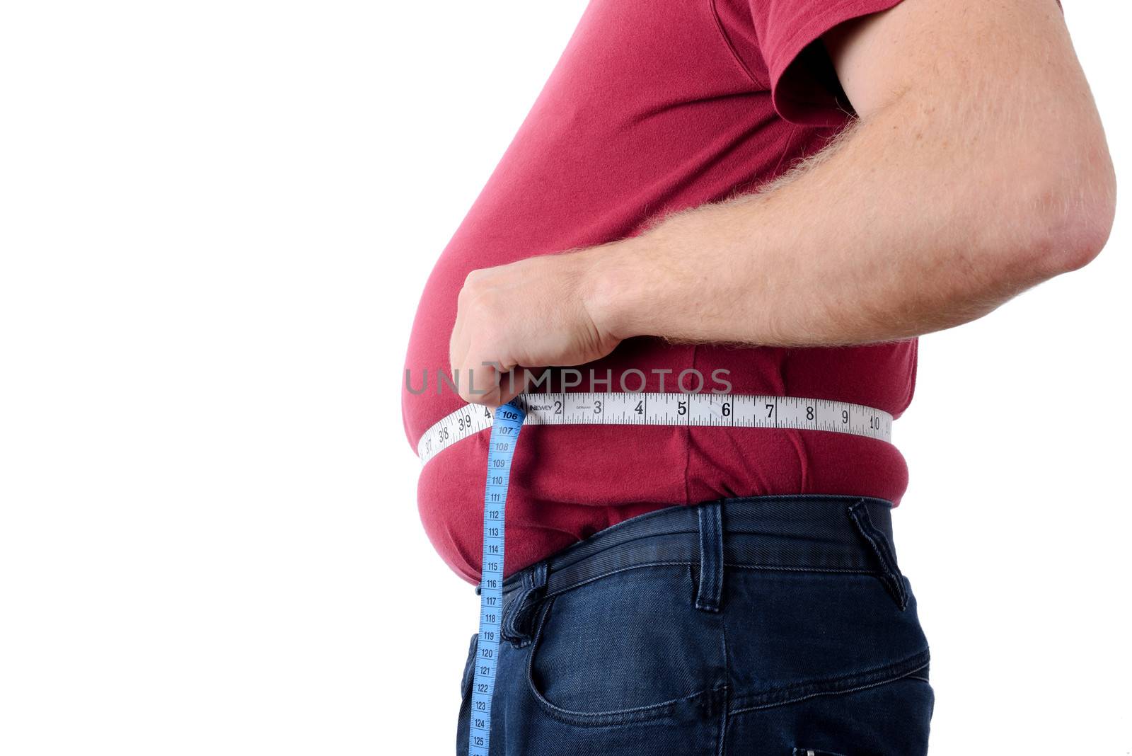 side profile of an over weight man measuring stomach