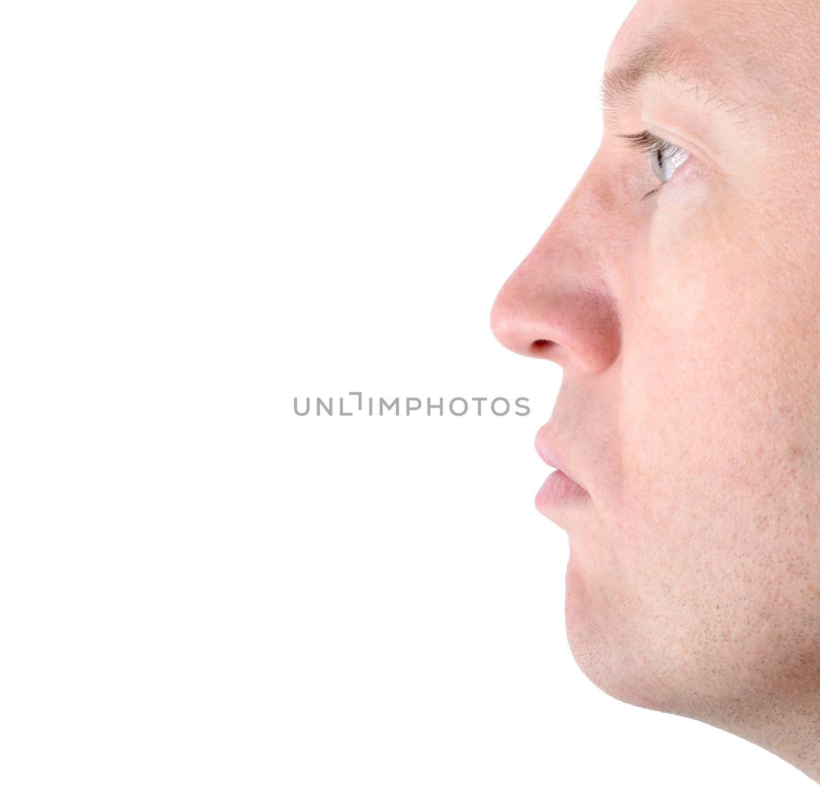 profile of a mans face isolated on a white background with a blank expression