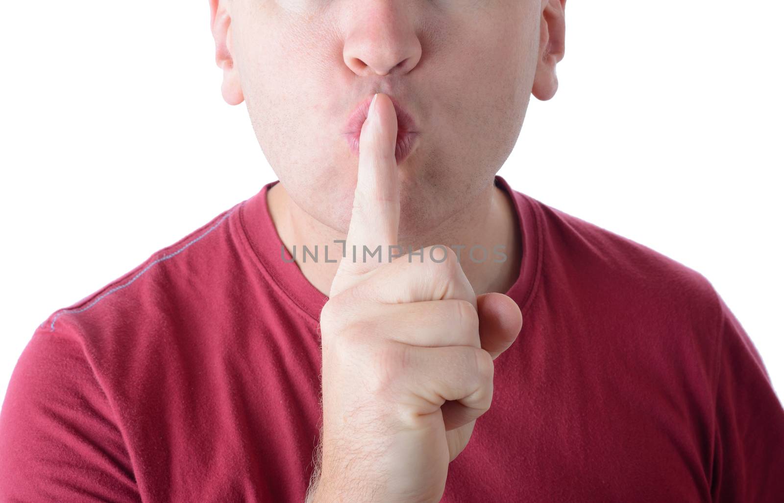 concept of quiet or secret, finger over lips isolated on a white background