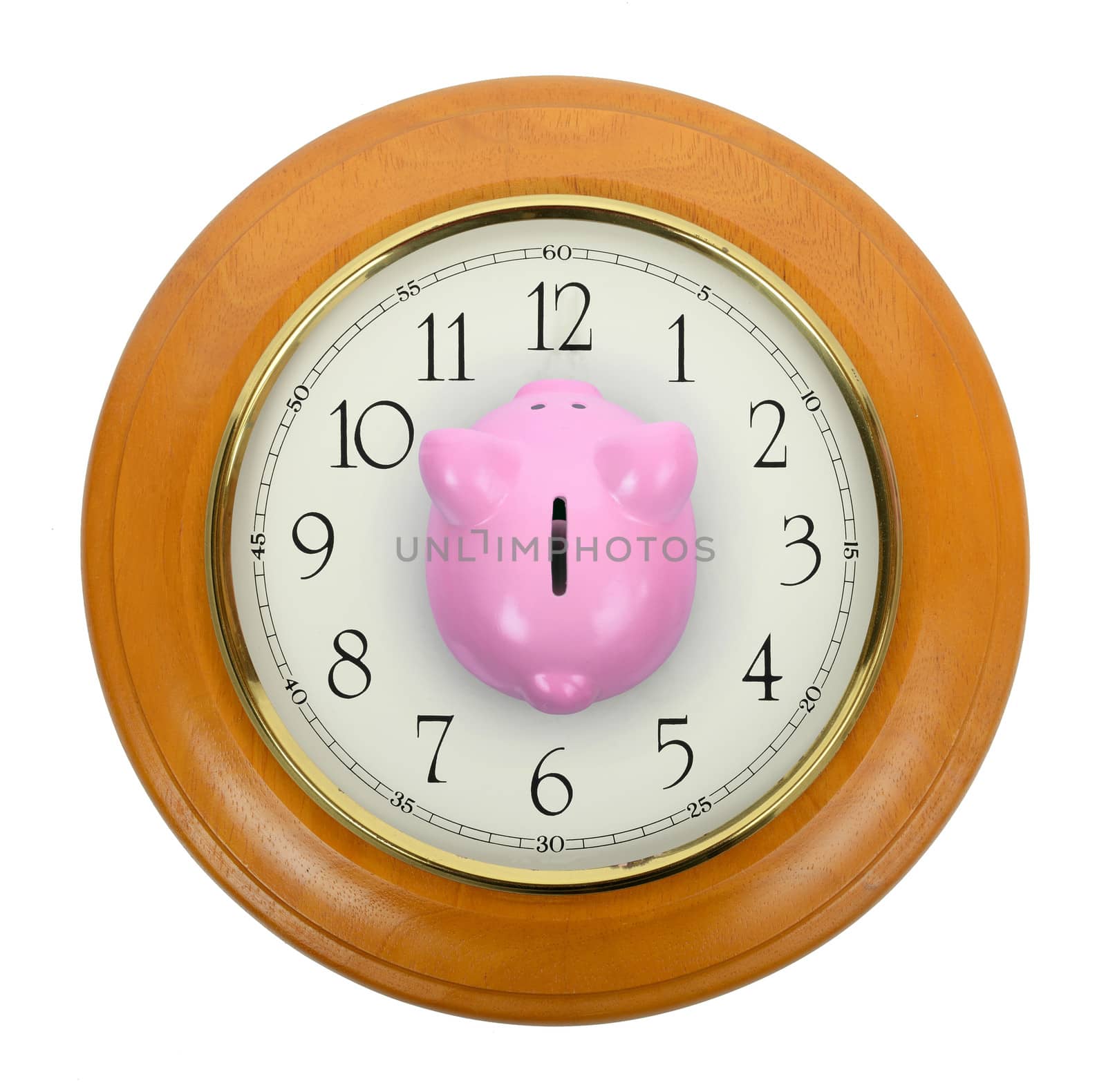 concept of time is money with a piggy bank clock isolated on a white background