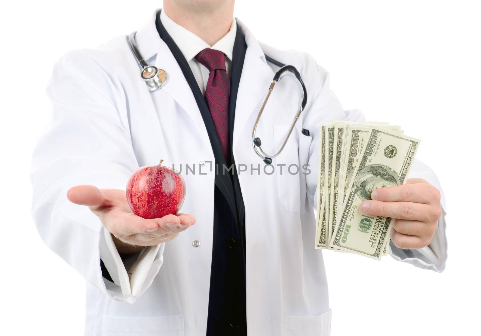 doctor giving haelth advise for money isolated on a white background