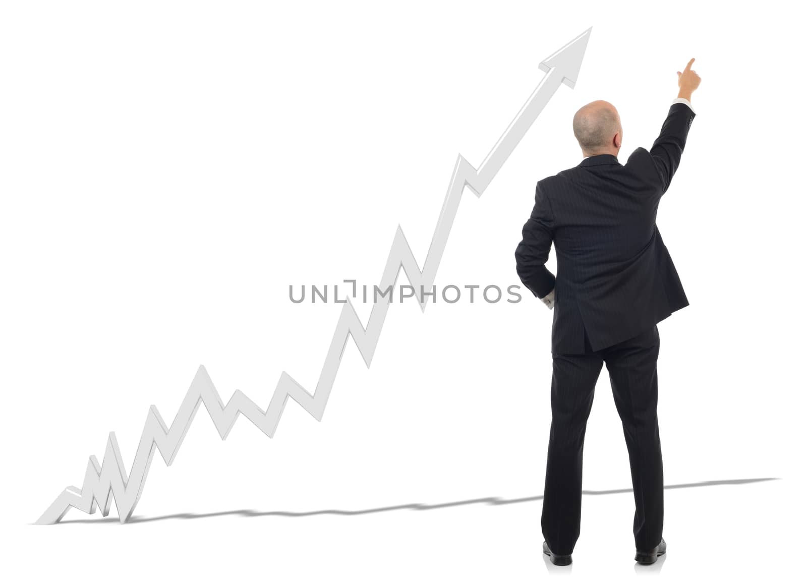 A businessman pointing to a projections chart isolated on a white background