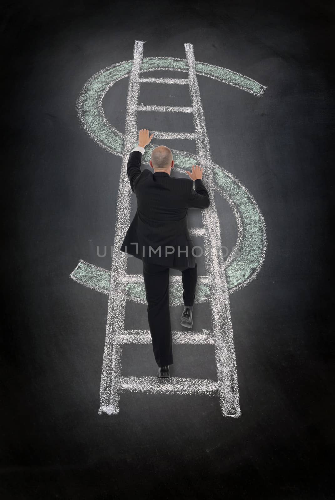 businessman climbing a Dollar sign incorporating a ladder into the symbol drawn in chalk 