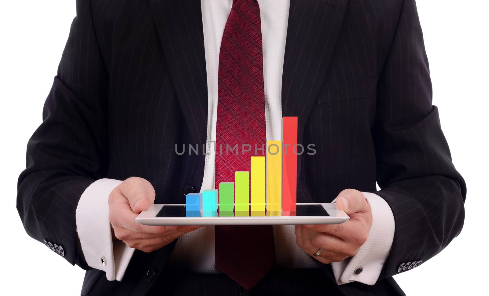 businessman presenting a 3d display of growth chart on a tablet pc isolated on a white background