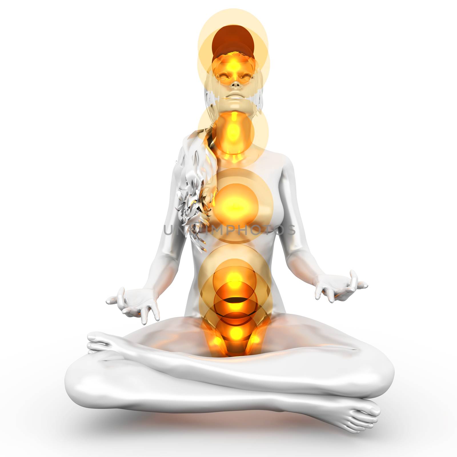 A woman performing a full chakra meditation. 3D rendered illustration. 