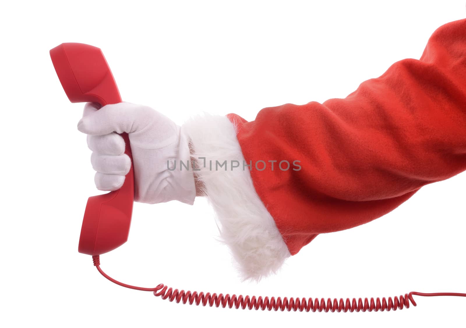 christmas is calling ring up for presents to order, santa hand with phone isolated on a white background