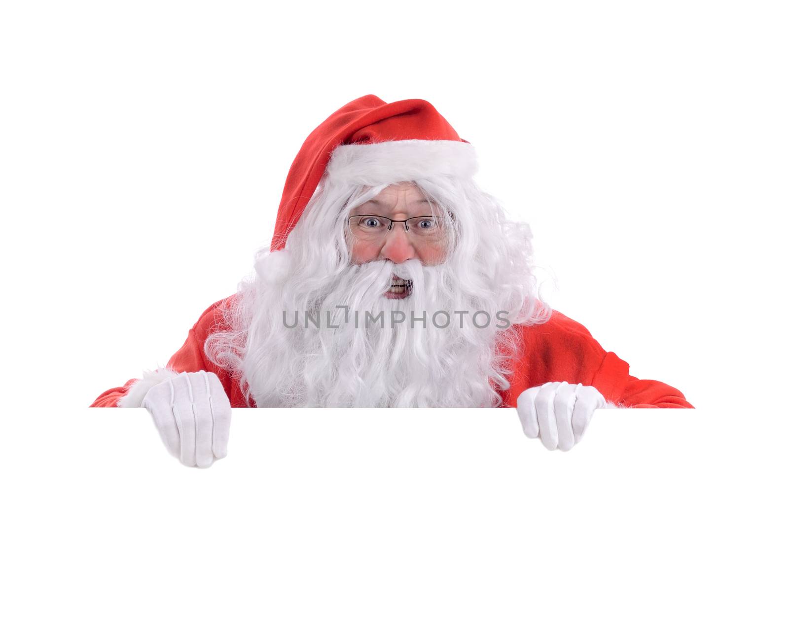 happy Santa poping up over white copy space isolated on a white background