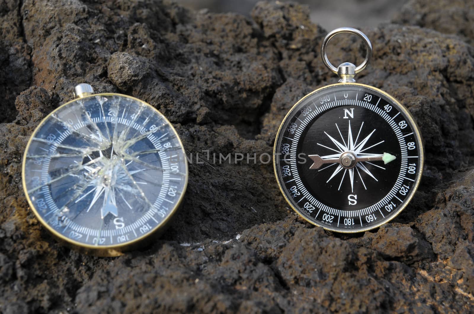 Orientation Concept - Analogic Compass Abandoned on the Rocks