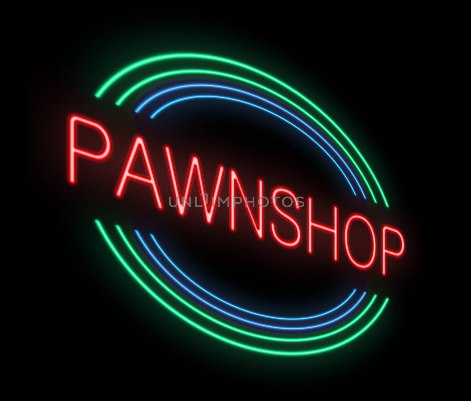 Illustration depicting an illuminated neon pawnshop sign.