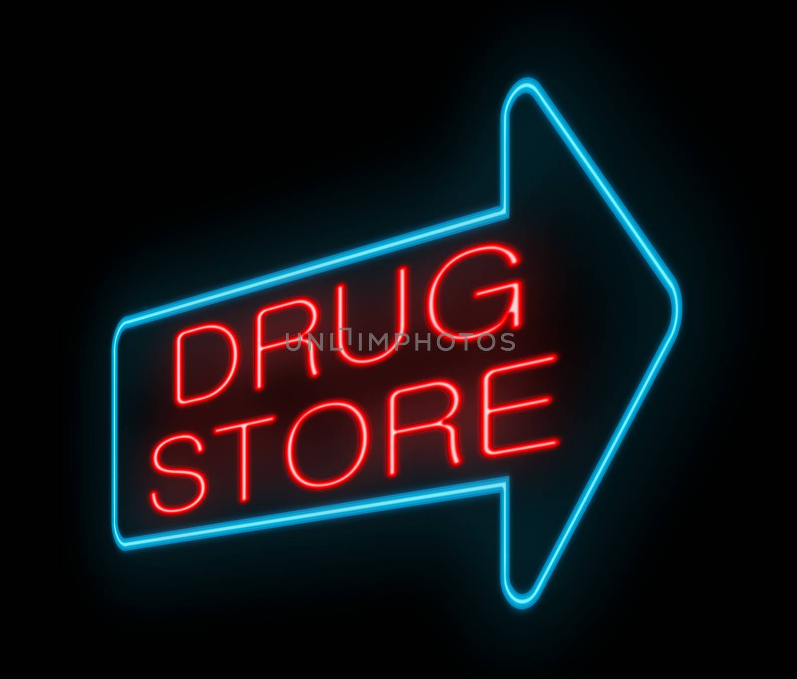 Illustration depicting an illuminated neon drugstore sign.