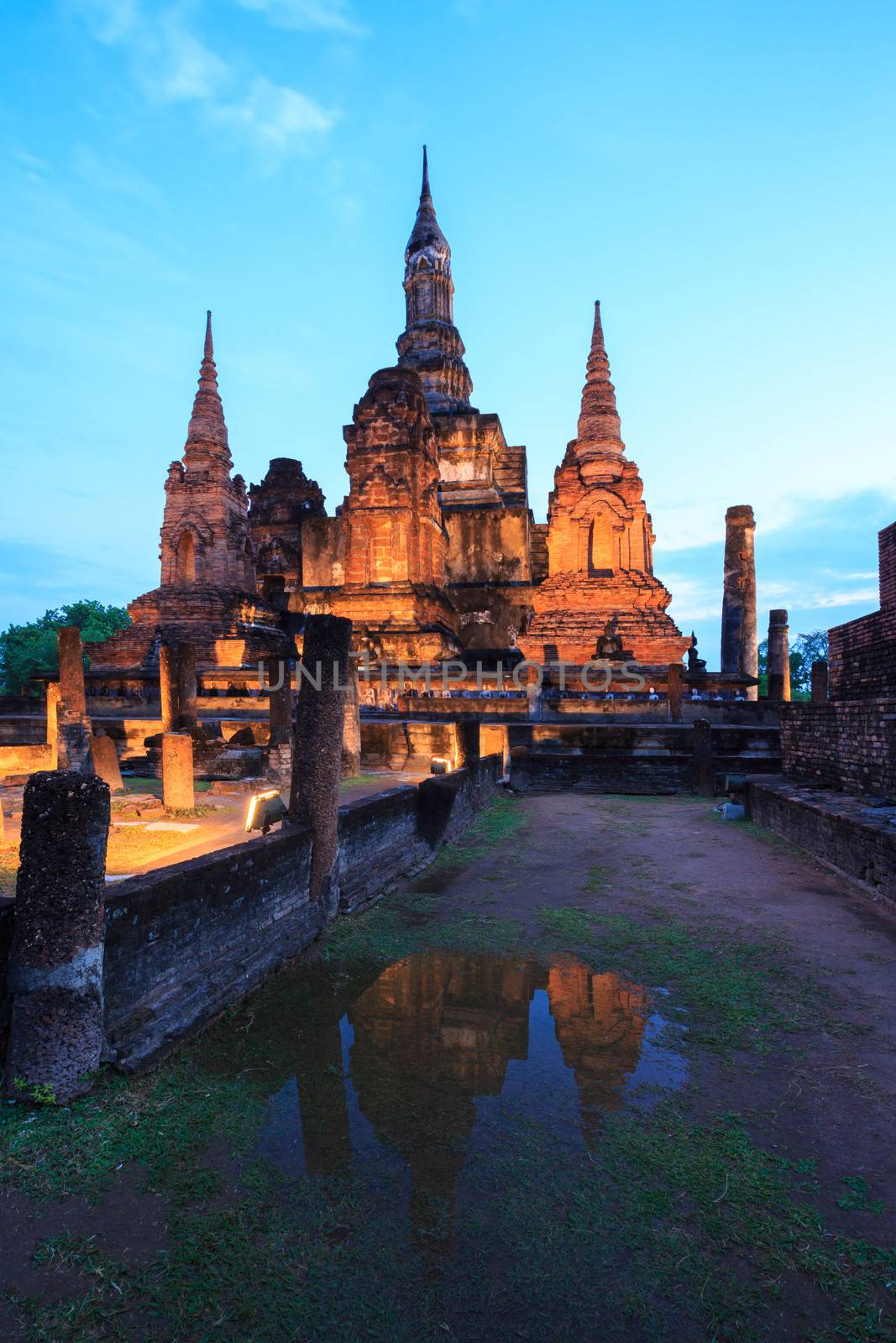 Sunrise Twilight in Wat Mahathat Temple in Sukhothai Historical Park Thailand