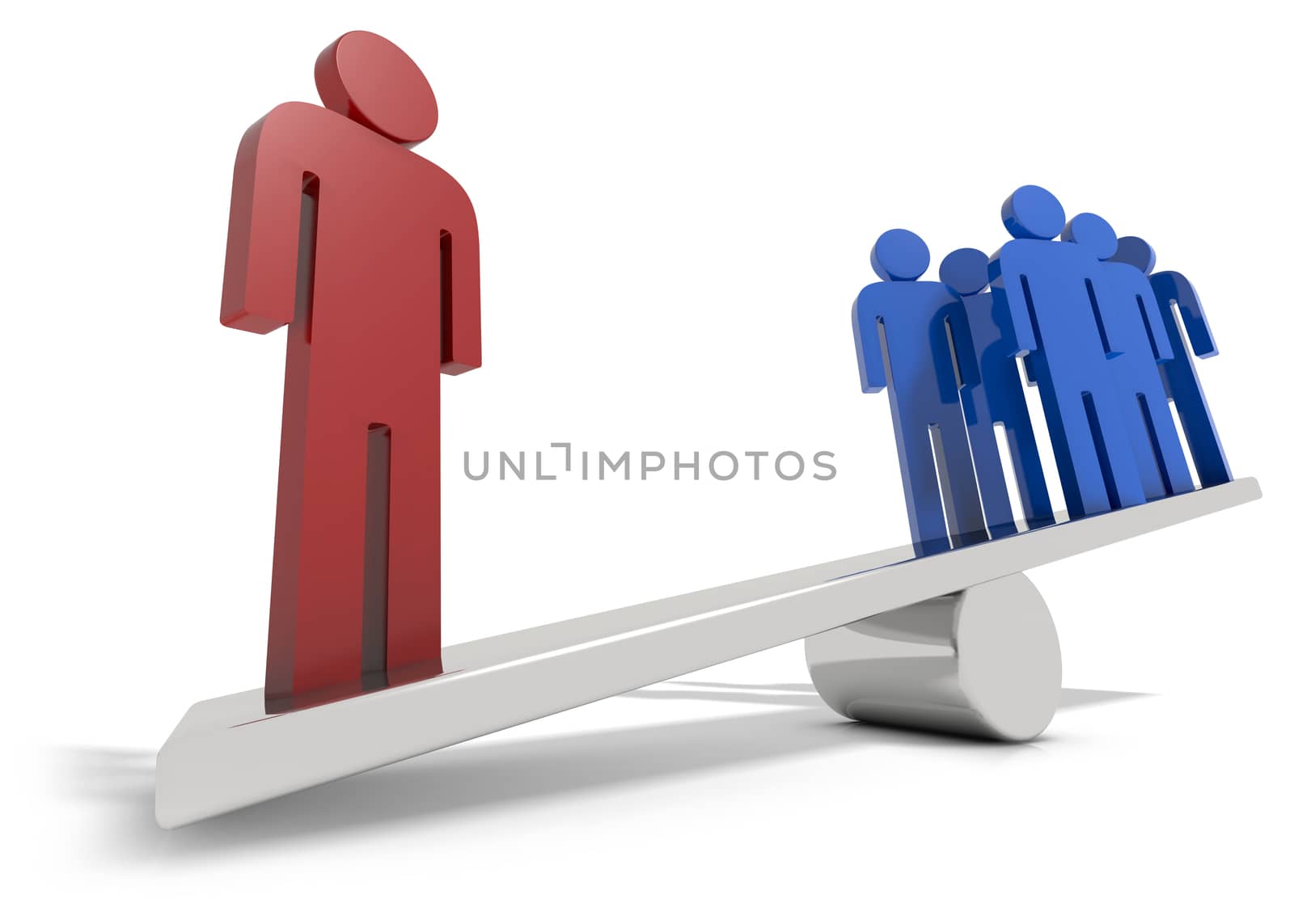 On man out weighing all the others isolated on a white background