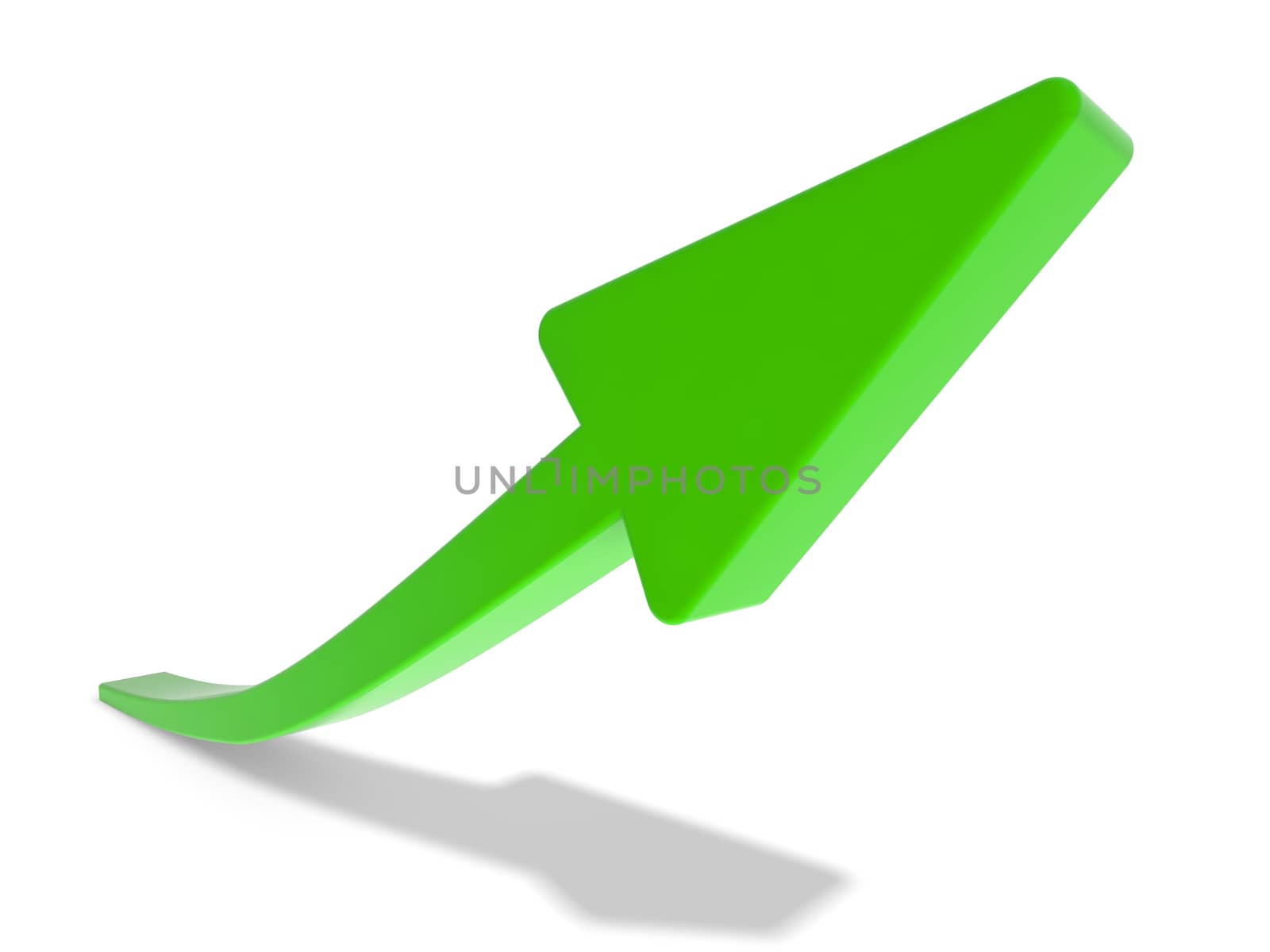 Green arrow sign curving in an upwards direction on a white background
