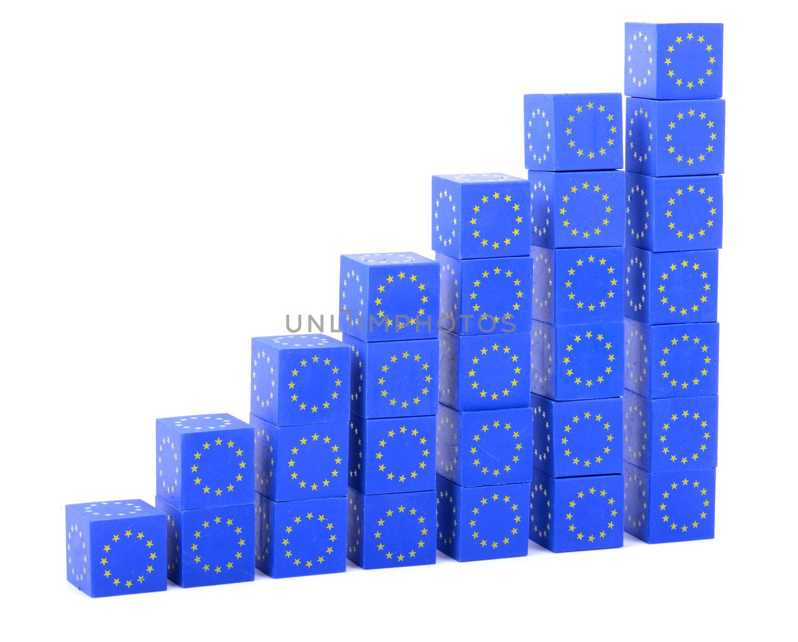 euro graph made from blue blocks with euro symbols on, concept of growth