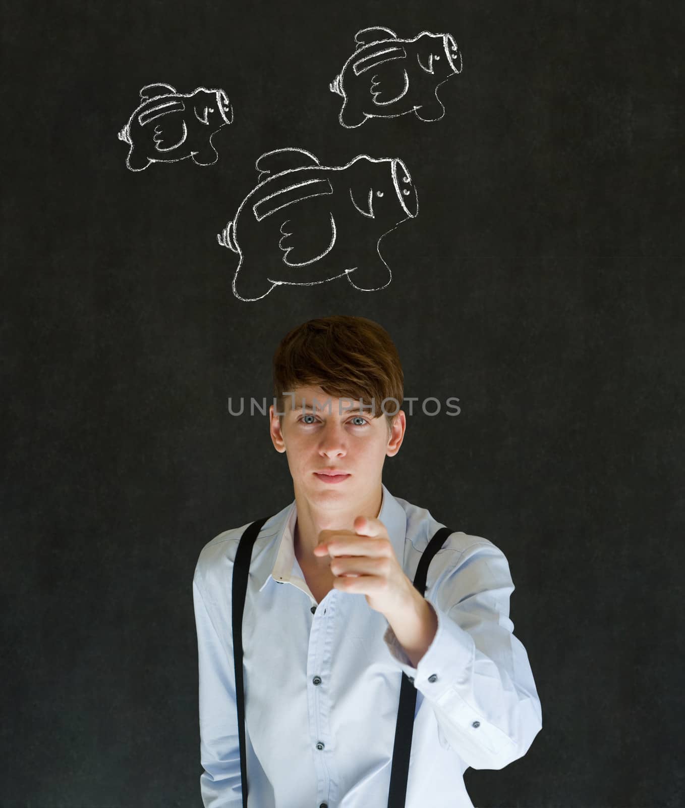 Businessman pointing with flying money piggy banks in chalk on blackboard background by alistaircotton