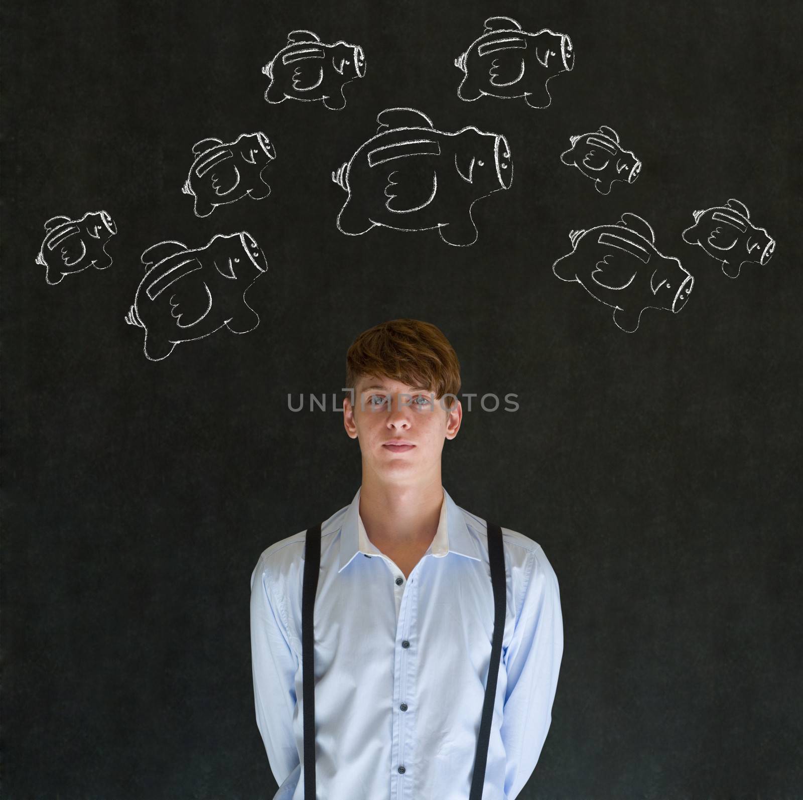 Businessman with flying money piggy banks in chalk on blackboard background by alistaircotton