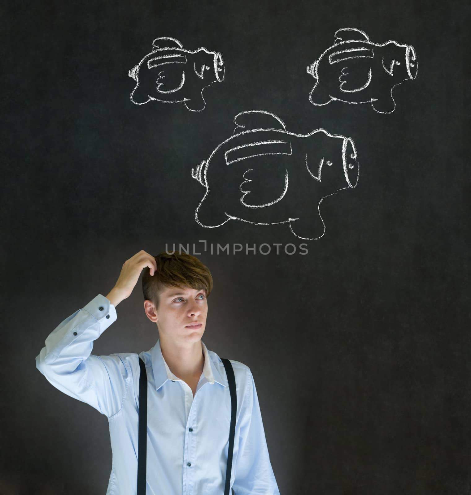 Businessman scratching head with flying money piggy banks in chalk on blackboard background