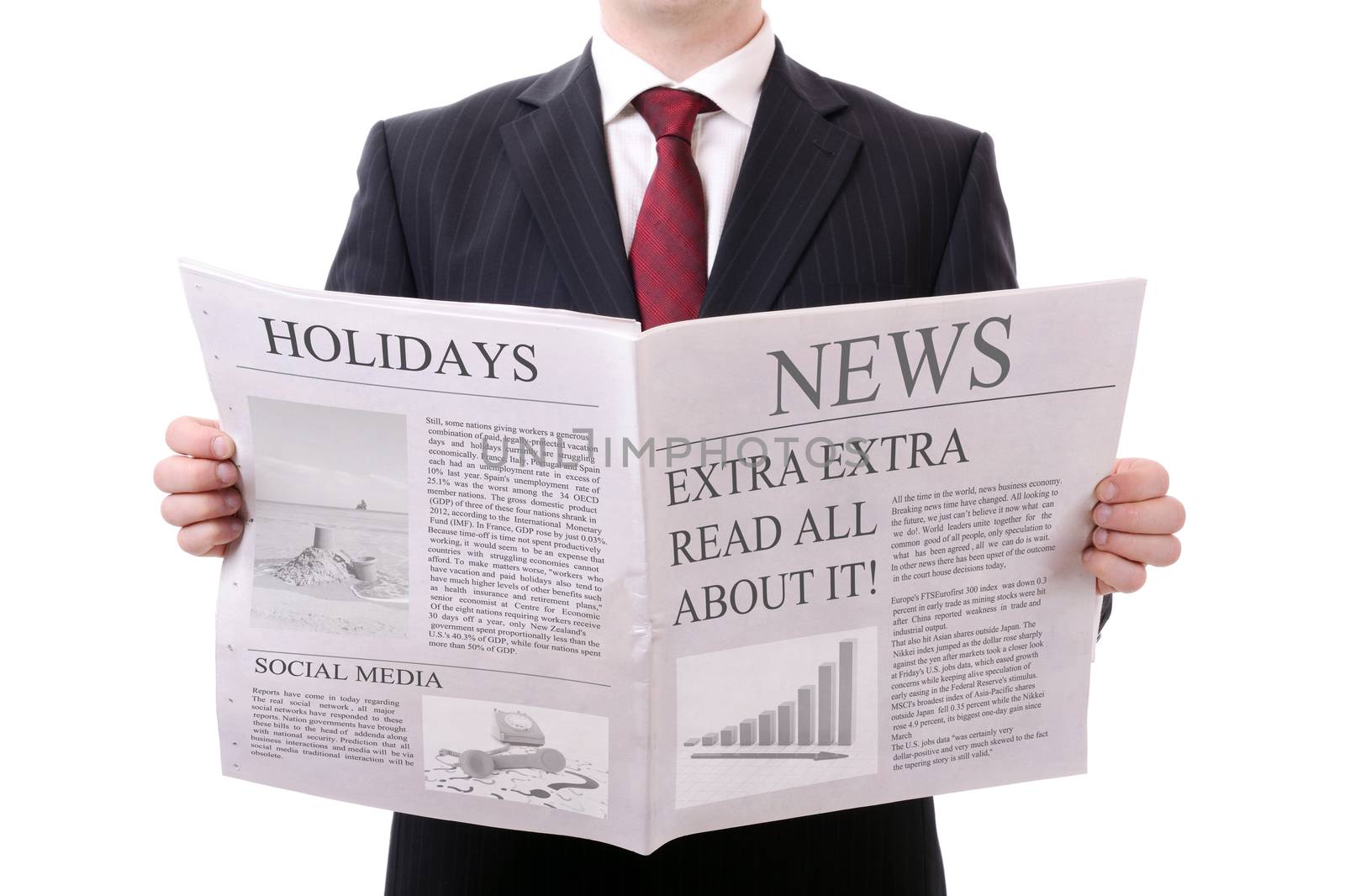 businessman holding a blank news paper isolated on white