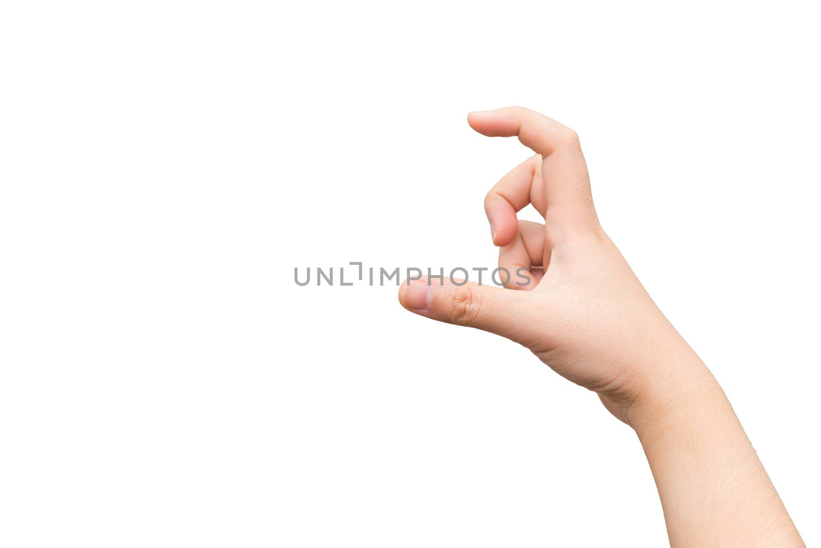 Human hand holding imaginary card with two fingers on light gray background