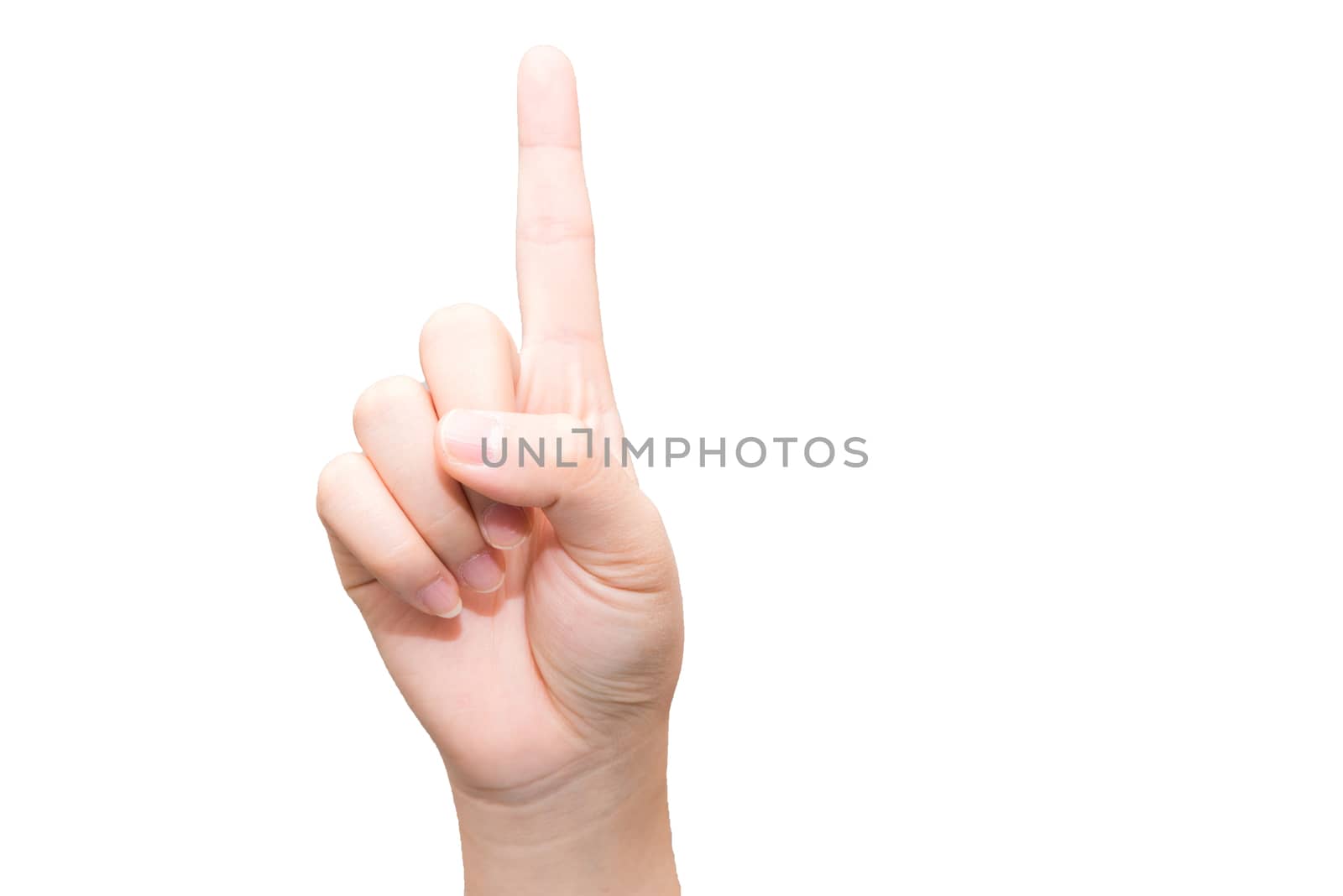 Human hand with one finger sticking up on light gray background