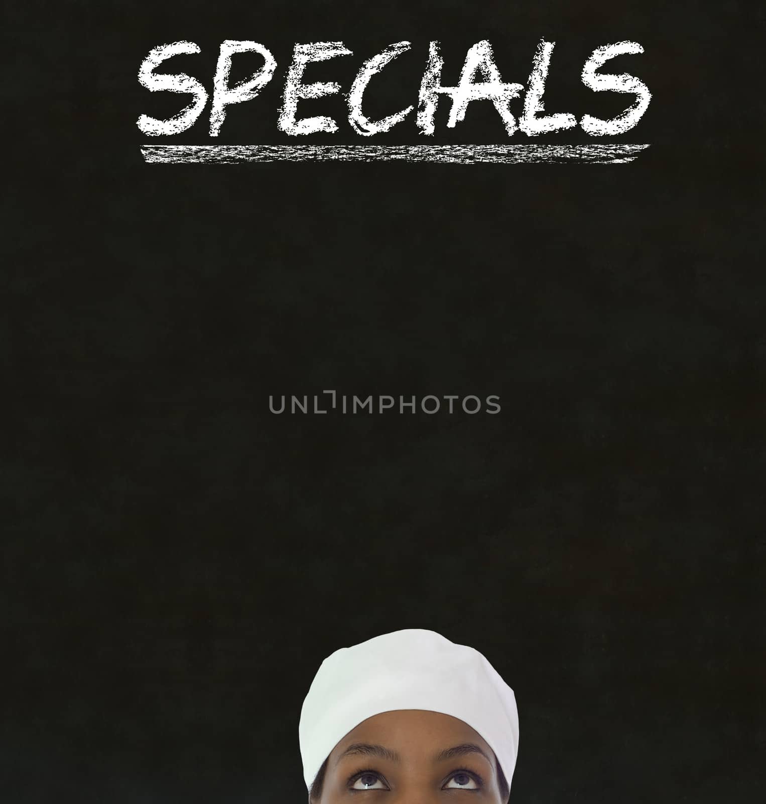 African American woman chef thinking with chalk specials sign on blackboard Background