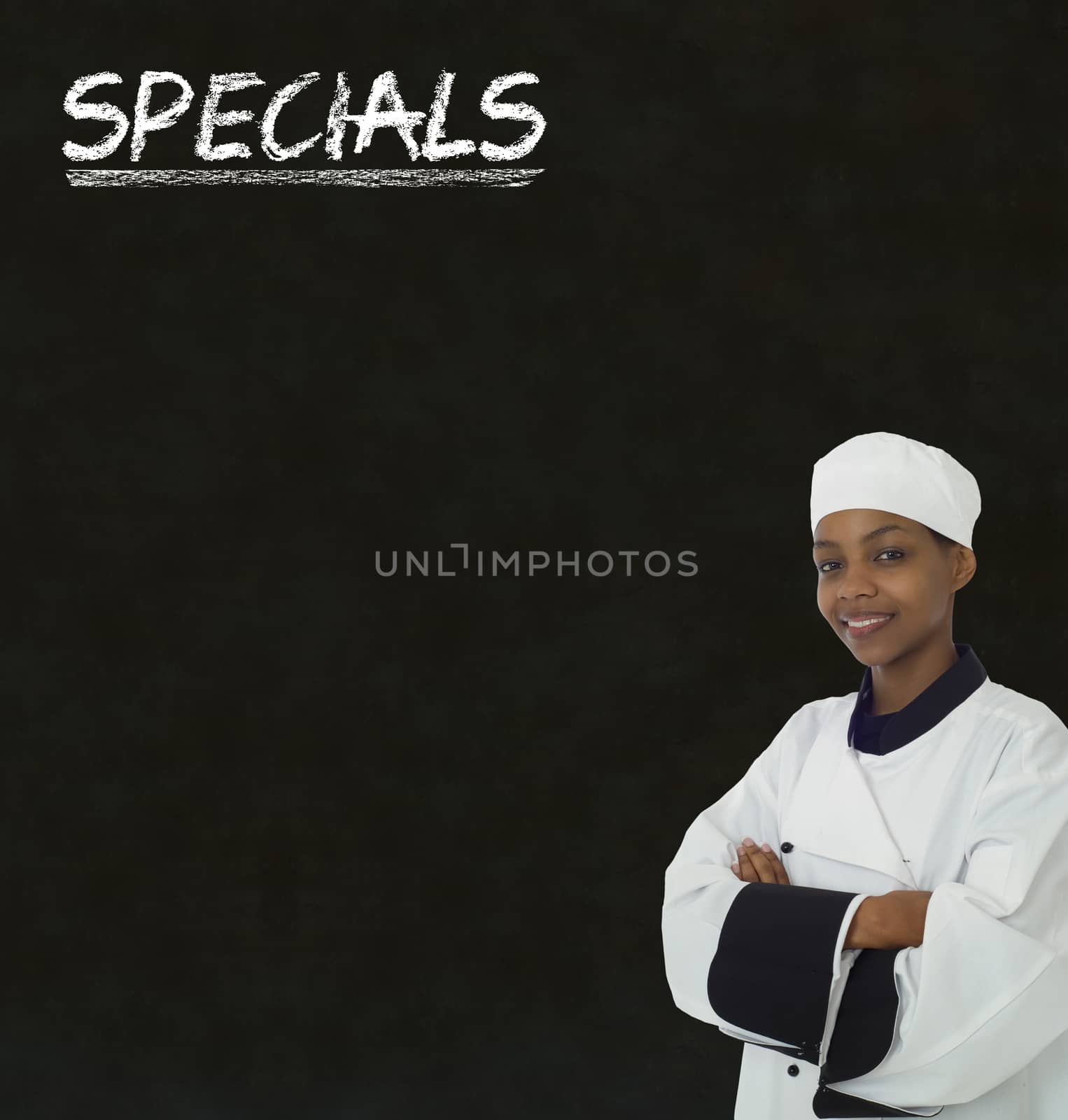 African American woman chef with chalk specials sign on blackboard Background