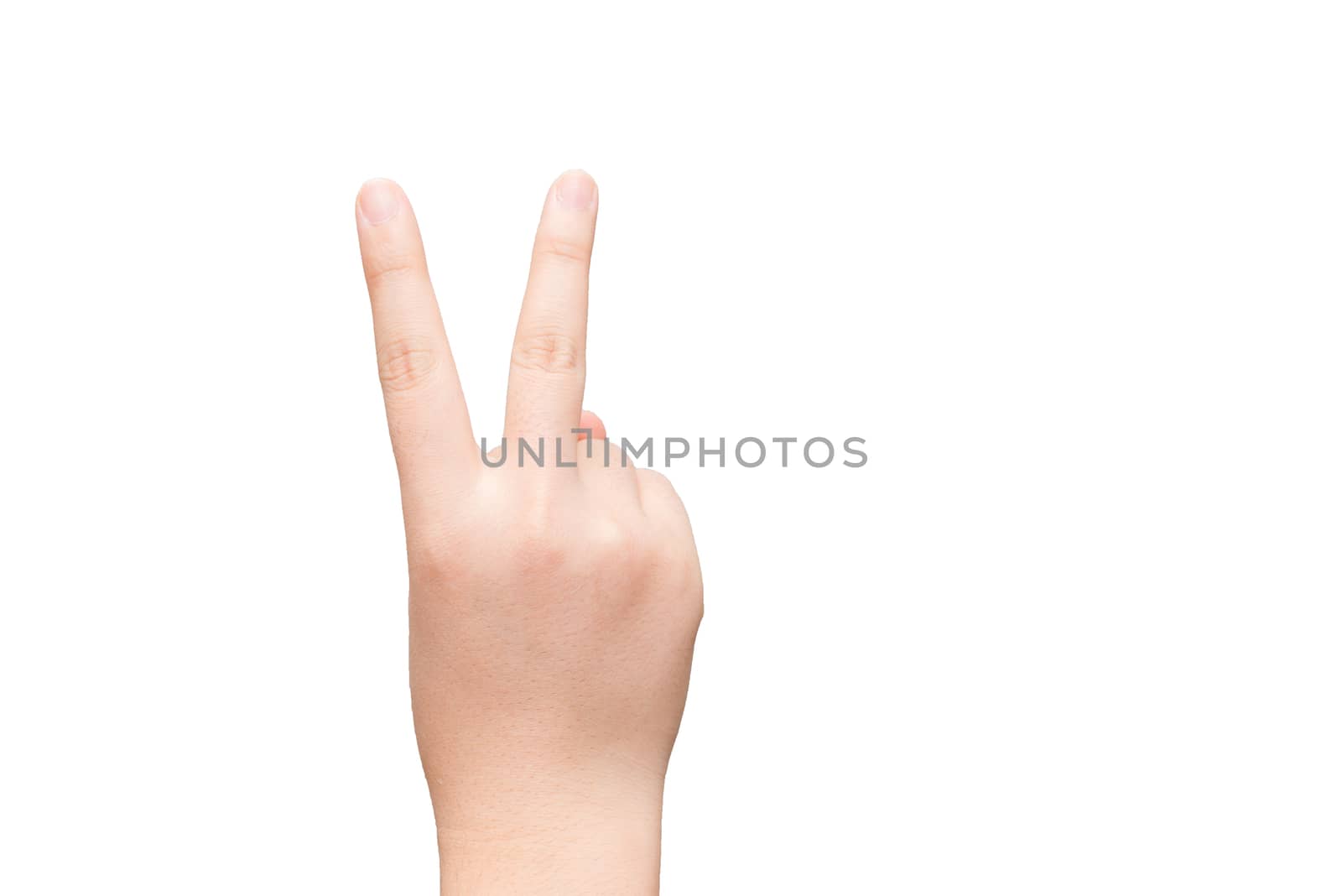 Human hand with two finger posing on light gray background