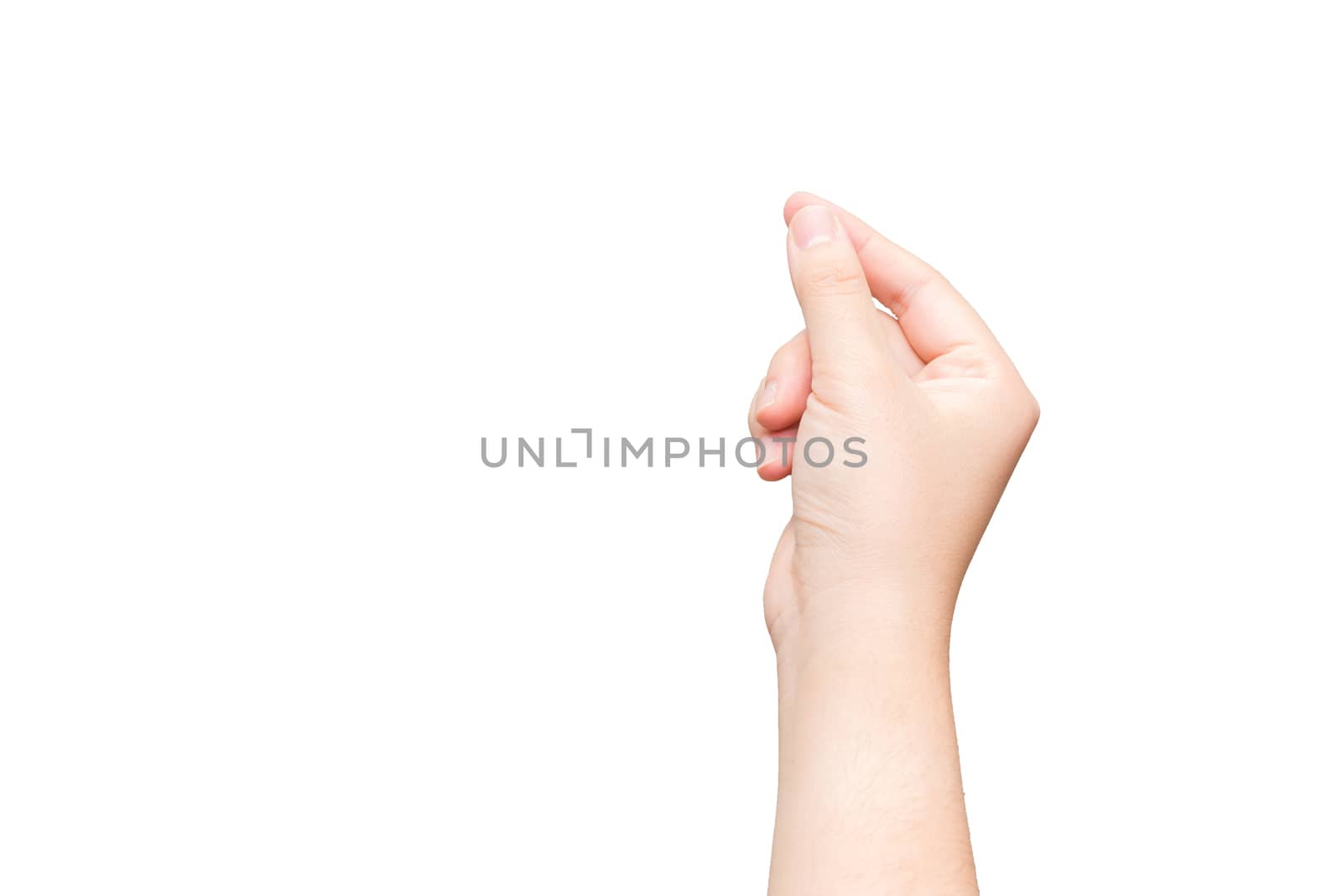 Human hand holding imaginary card on light gray background