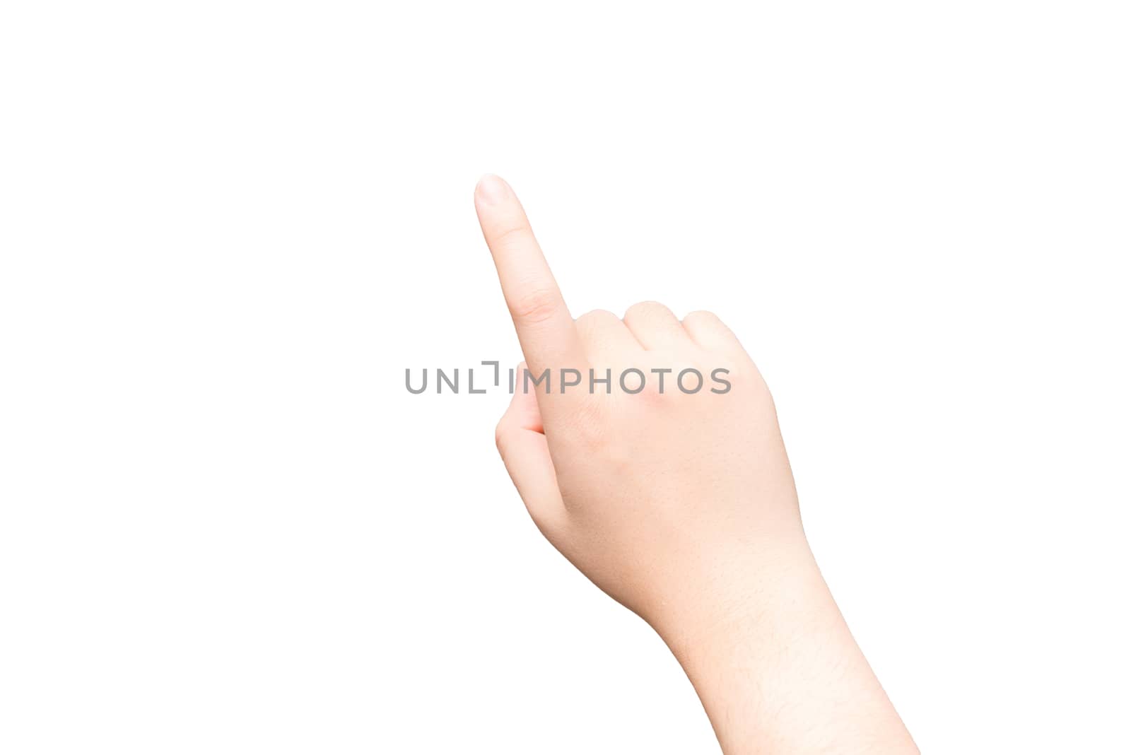 Human hand with one finger touching imaginary tablet on gray background