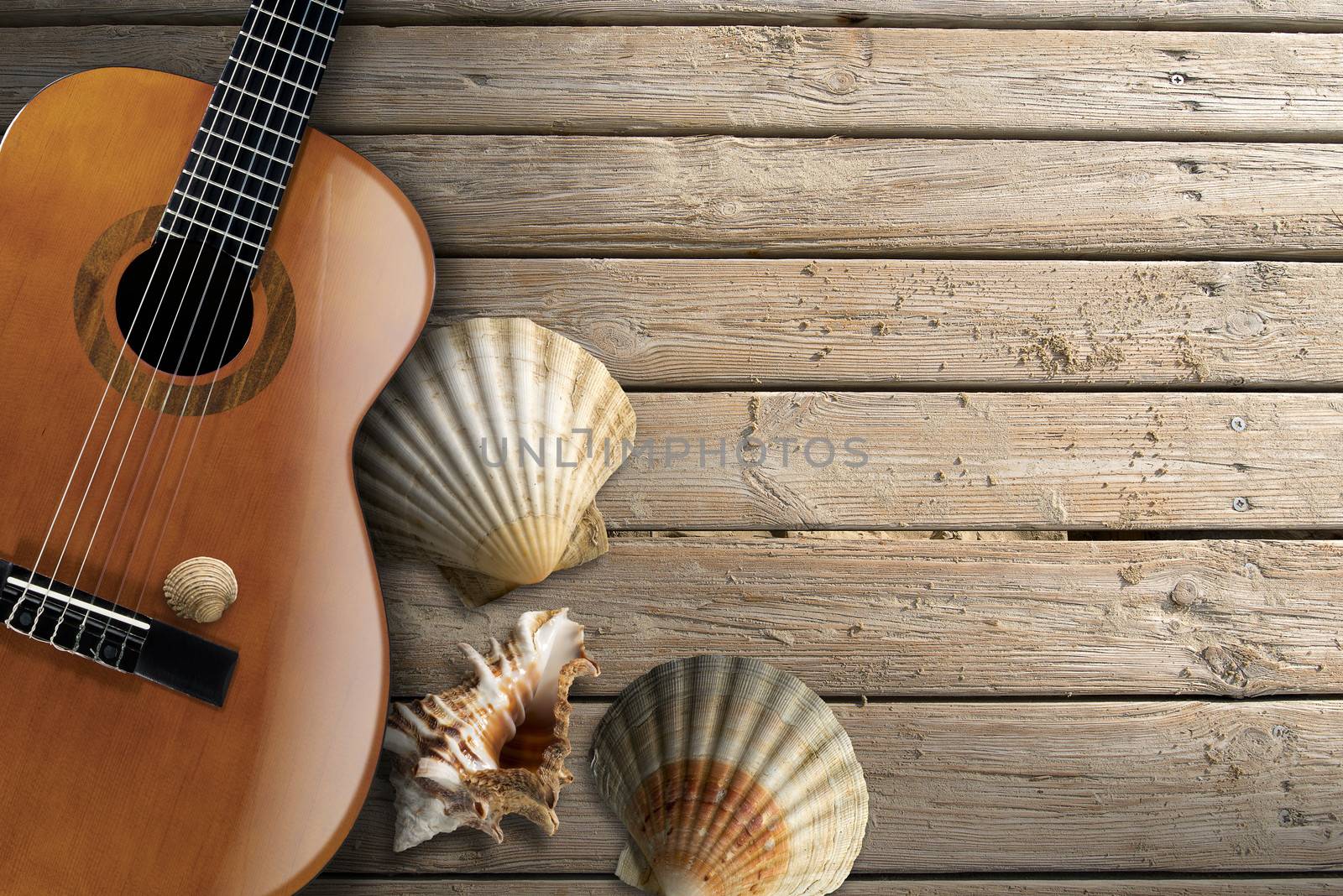 Acoustic brown guitar with four sea shells on beach wooden floor over summer sand