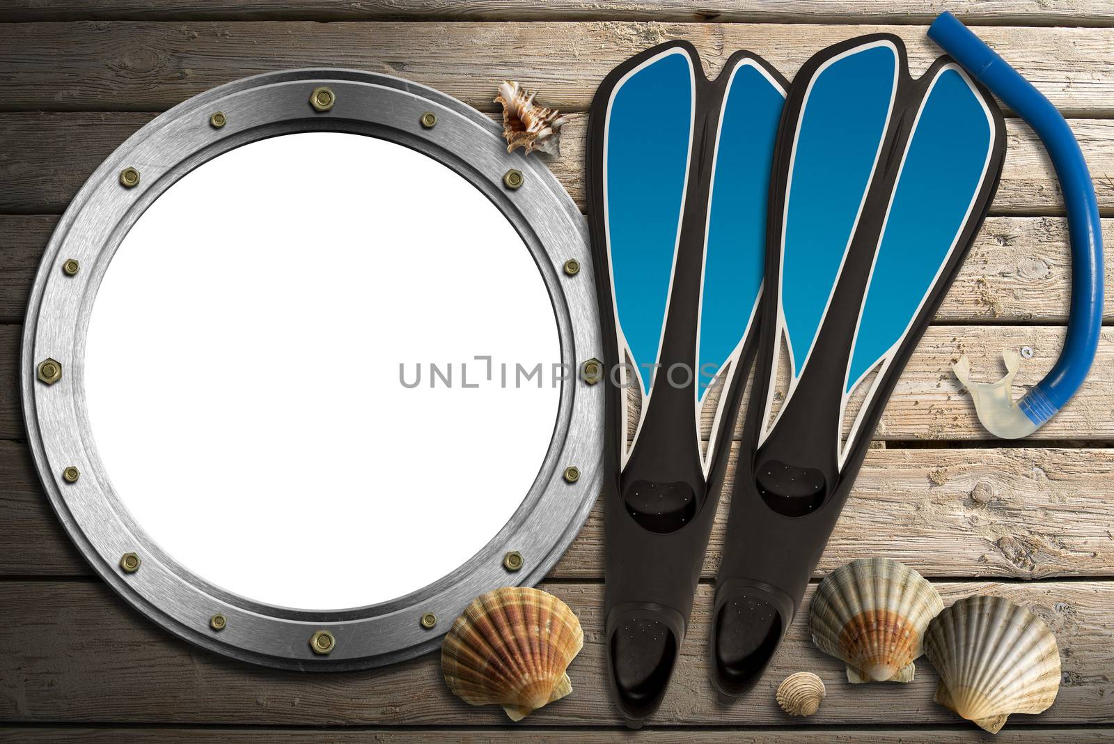 Metal empty porthole with seashells, blue flippers and blue snorkel diving on wooden floor with sand