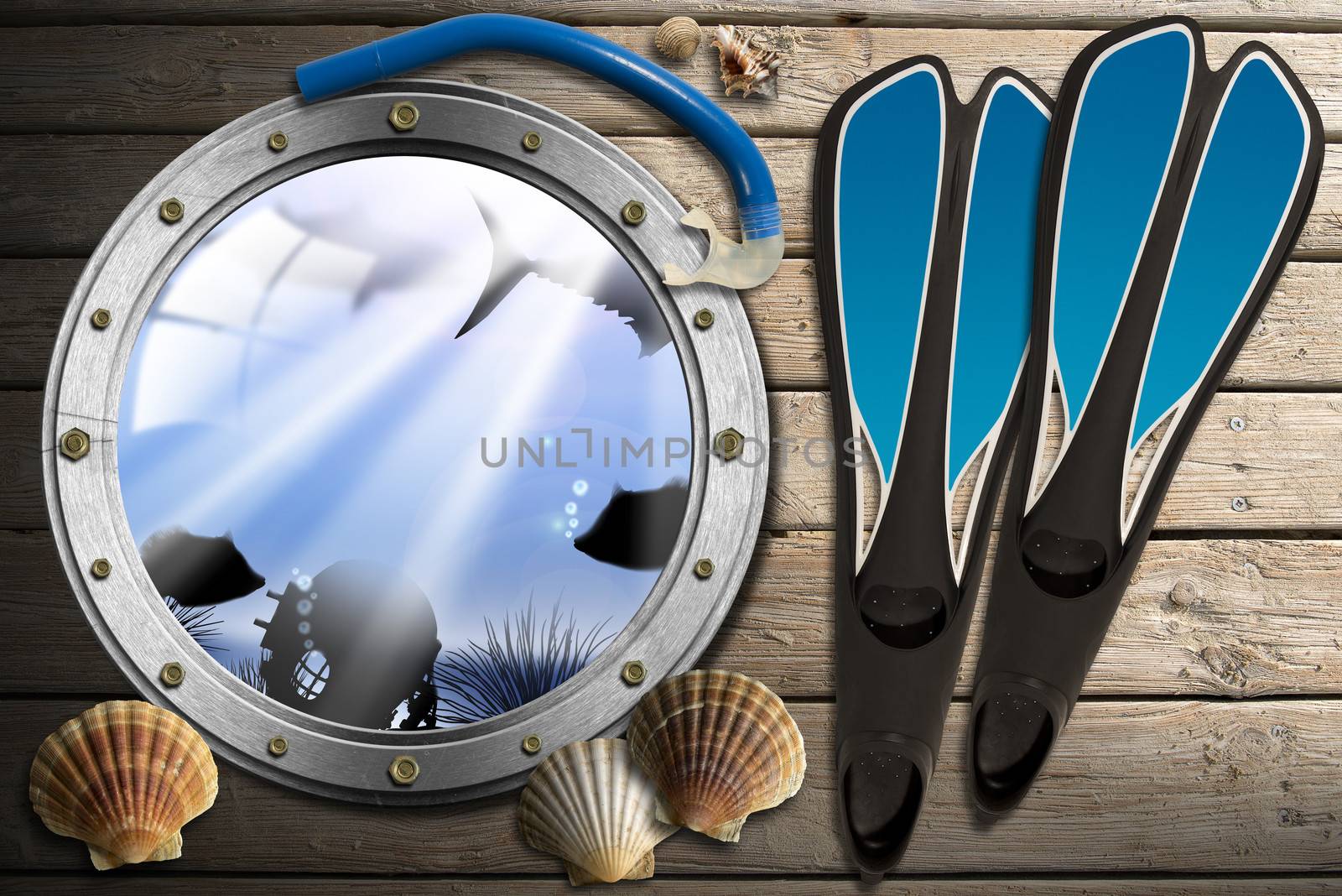 Porthole with blue sea abyss landscape on wooden floor with sand, seashells, blue flippers and blue snorkel diving