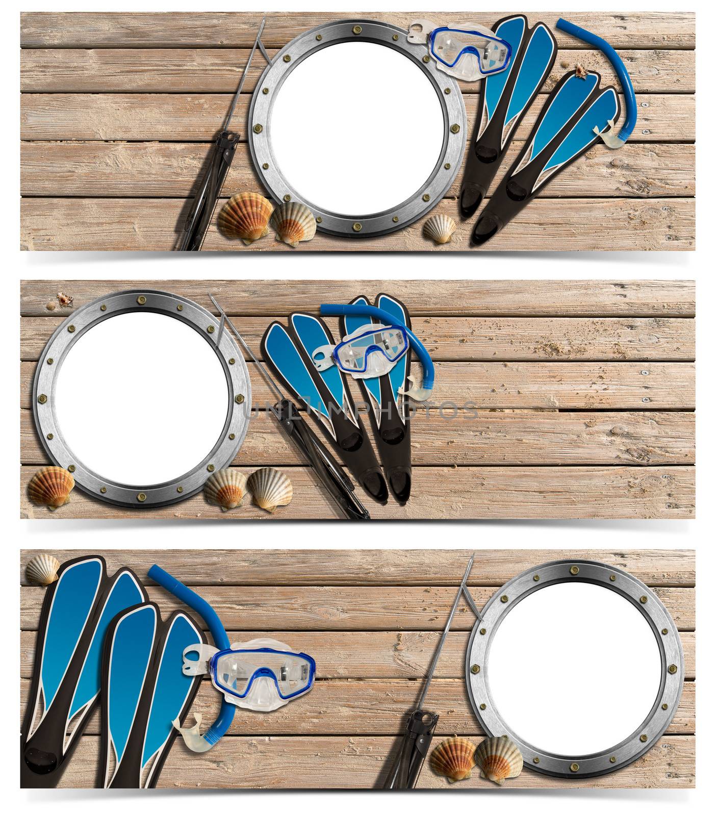 Set of spearfishing banners with metal empty porthole on wooden floor with sand, seashells, flippers, snorkel and mask for diving and spear gun
