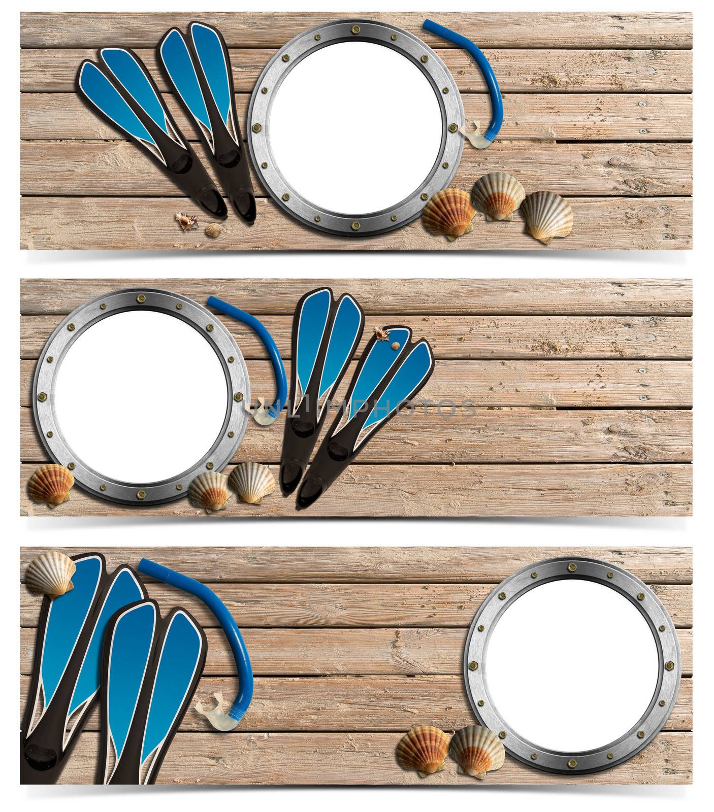 Set of three beach holidays banners with metal empty porthole, seashells, flippers and snorkel diving on wooden floor with sand
