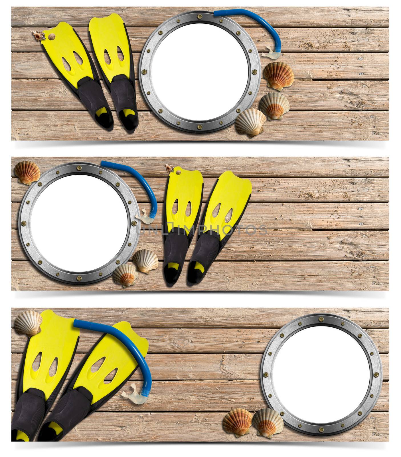 Set of three beach holidays banners with metal empty porthole, seashells, flippers and snorkel diving on wooden floor with sand
