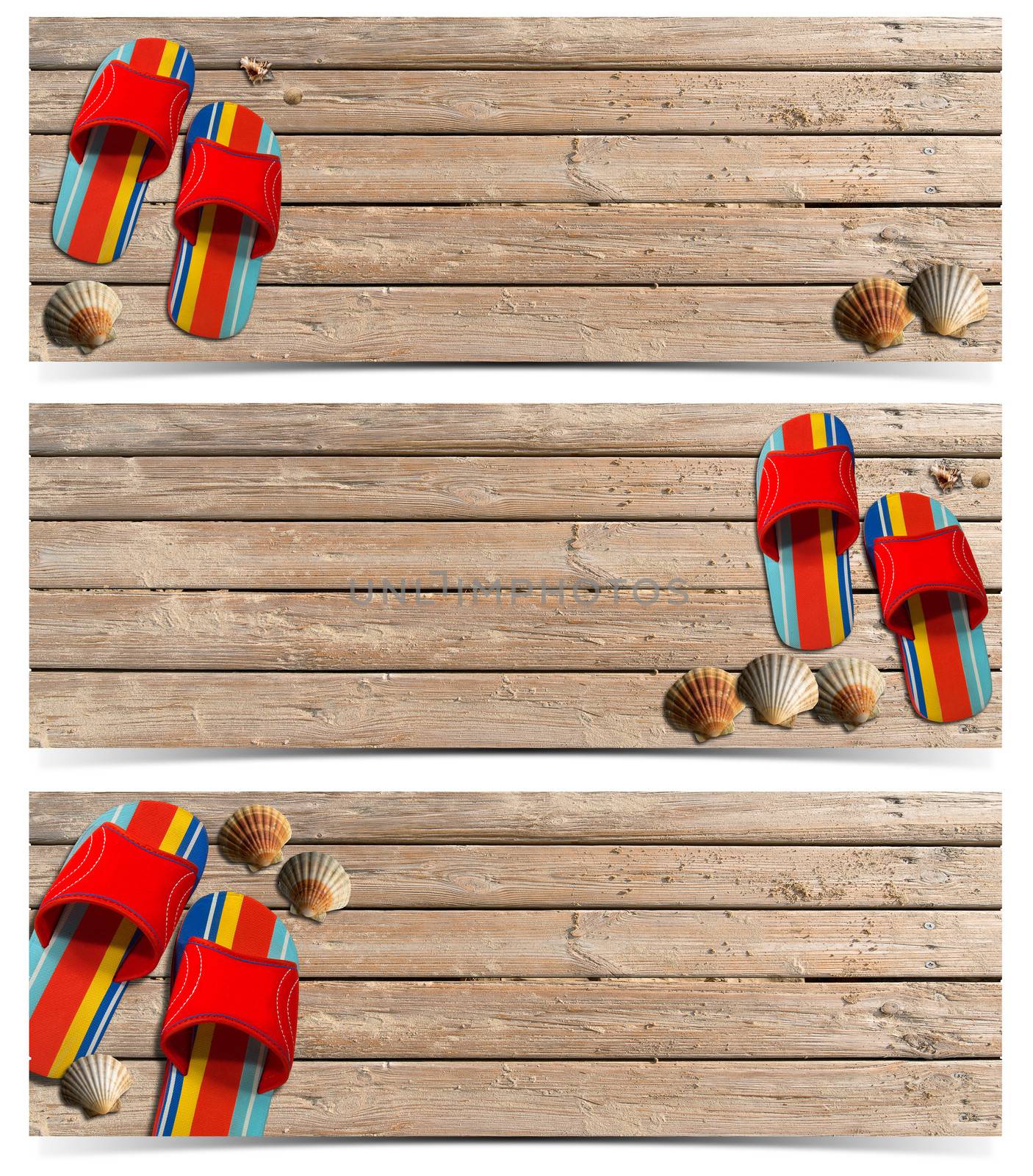 Set of three beach holidays banners with seashells and colored sandals on wooden floor with sand
