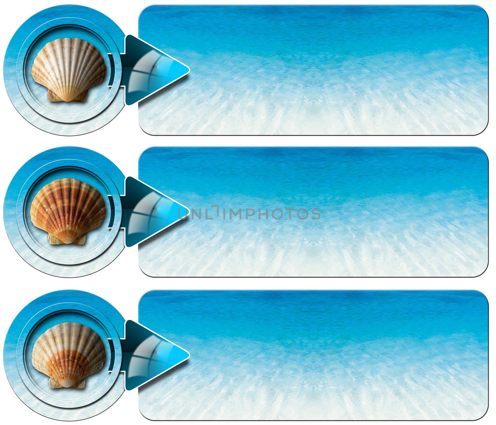Set of three sea holiday banners with blue water of the sea, seashell and blue arrow