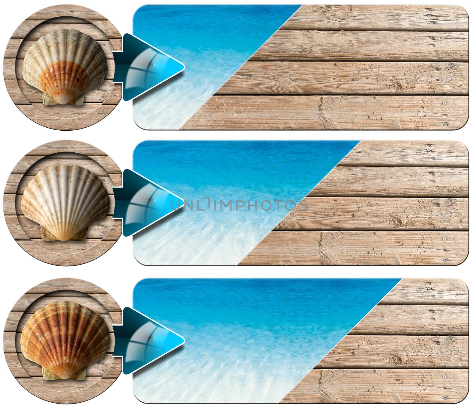 Set of three sea holiday banners with blue water of the sea, wooden floor with summer sand, seashell and blue arrow