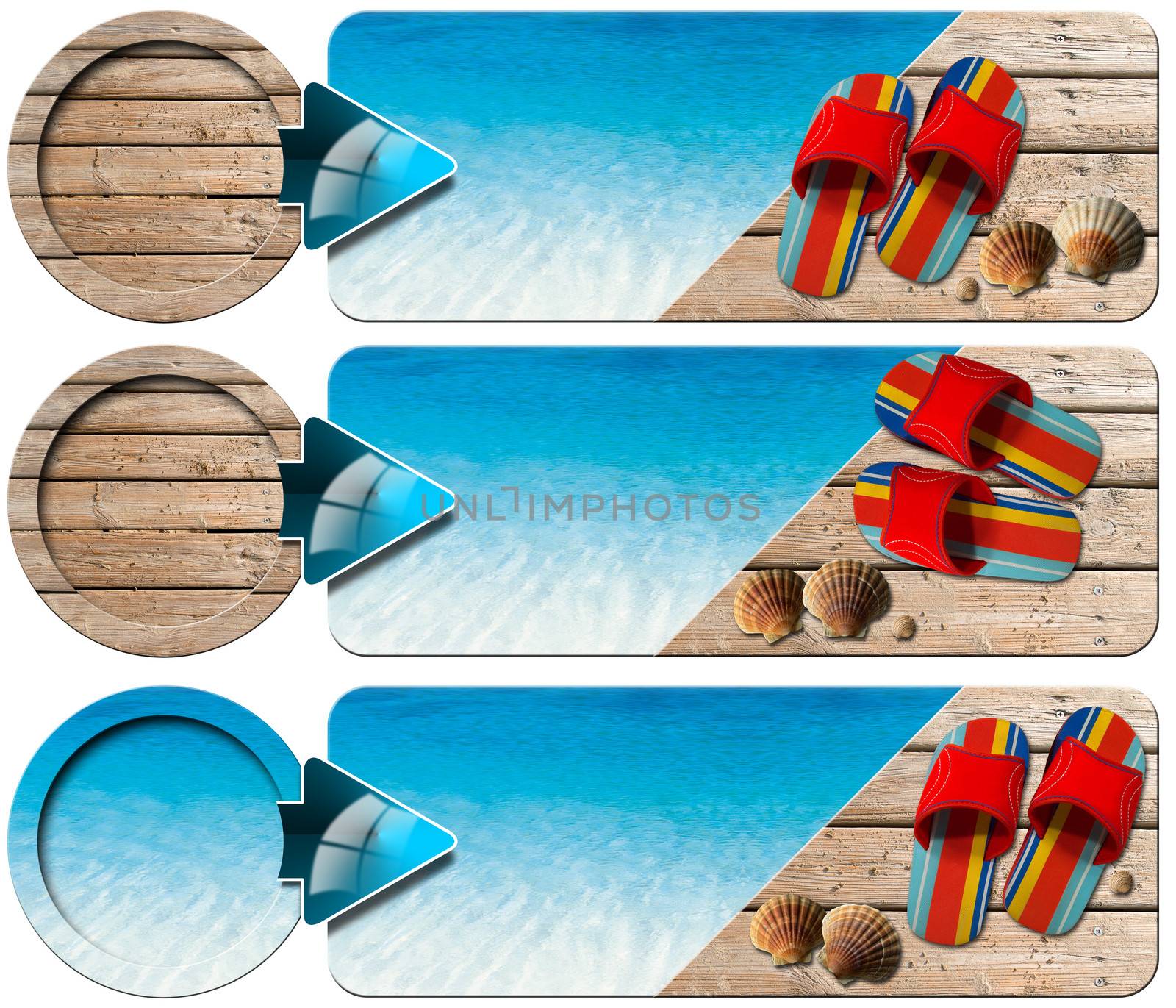 Sea holiday banners with blue water, wooden floor with sand, colored sandals, seashells and blue arrow 