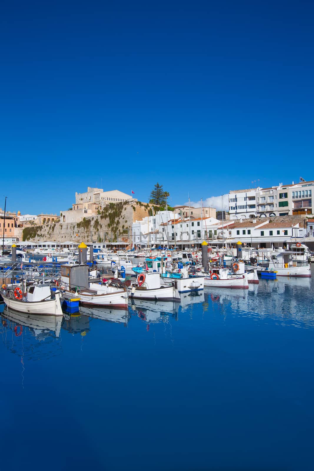 Ciutadella Menorca marina Port view and Ayuntamiento Town hall Balearic Islands