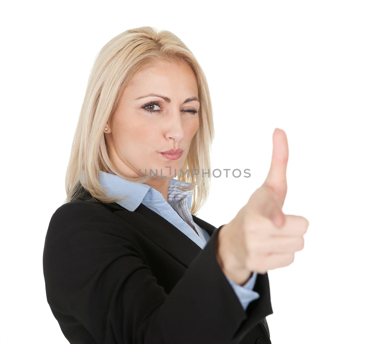 Beautiful business woman making a gun gesture by AndreyPopov