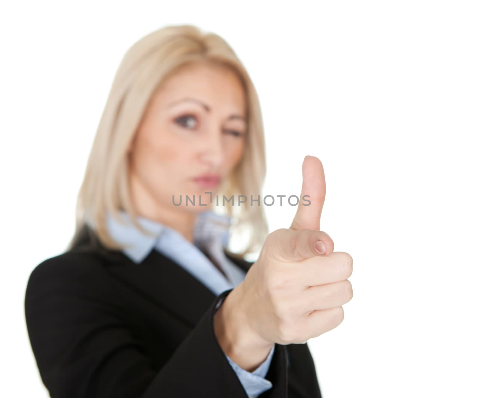 Beautiful business woman making a gun gesture. Isolated on white