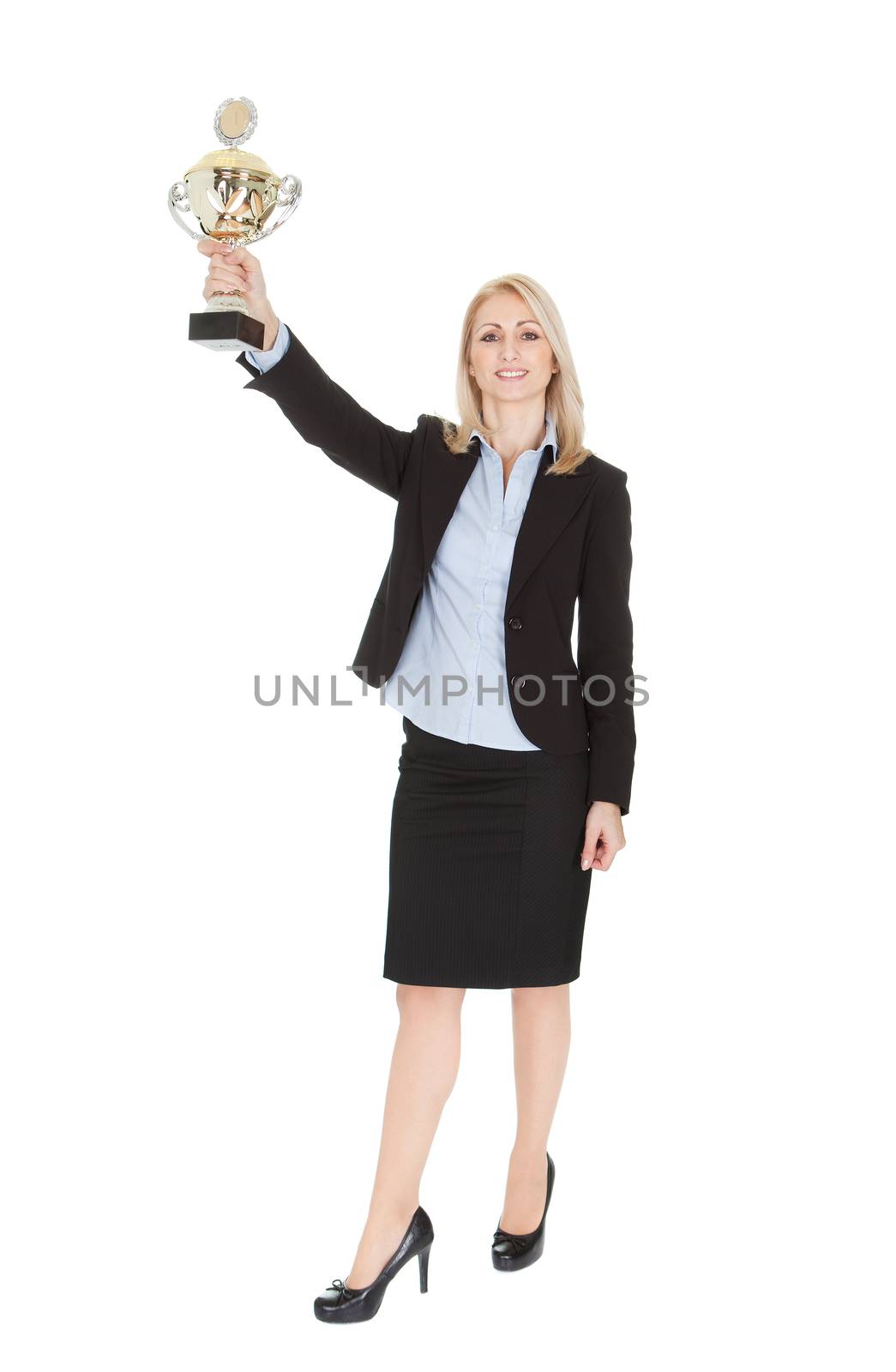 Businesswoman winning a trophy by AndreyPopov