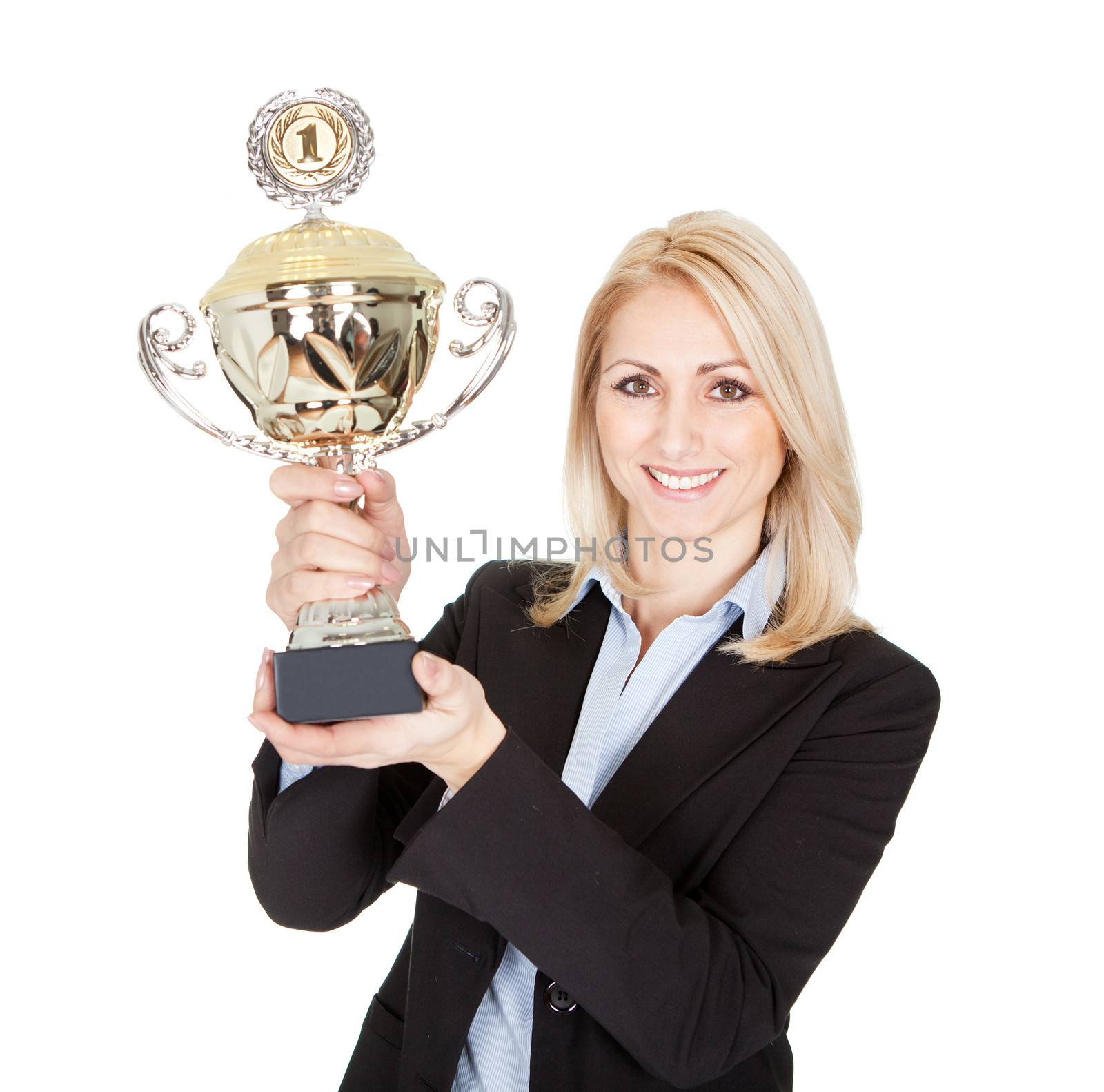 Businesswoman winning a trophy. Isolated on white