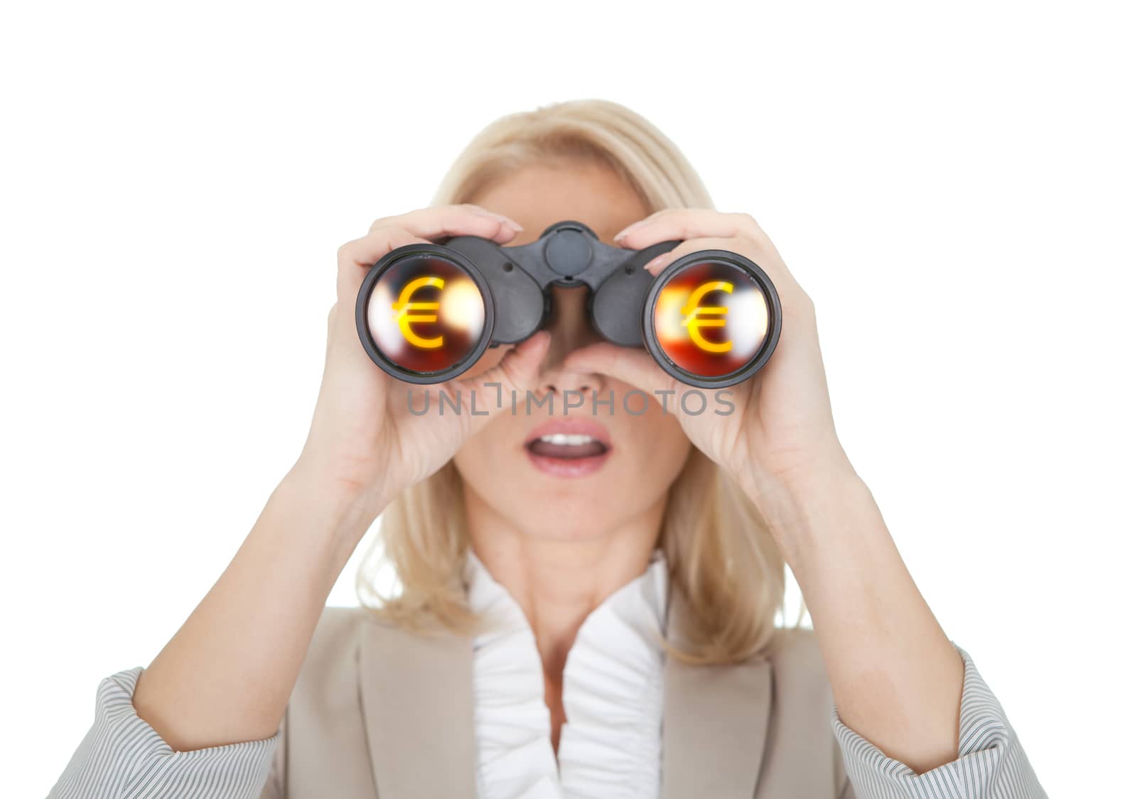 Businesswomen looking through binoculars. Isolated on white