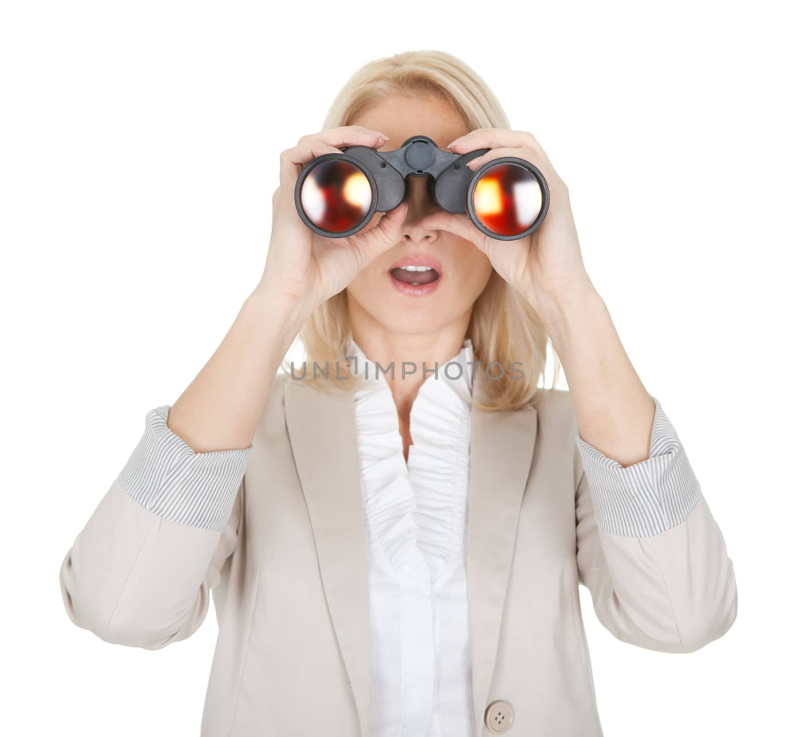 Businesswomen looking through binoculars. Isolated on white